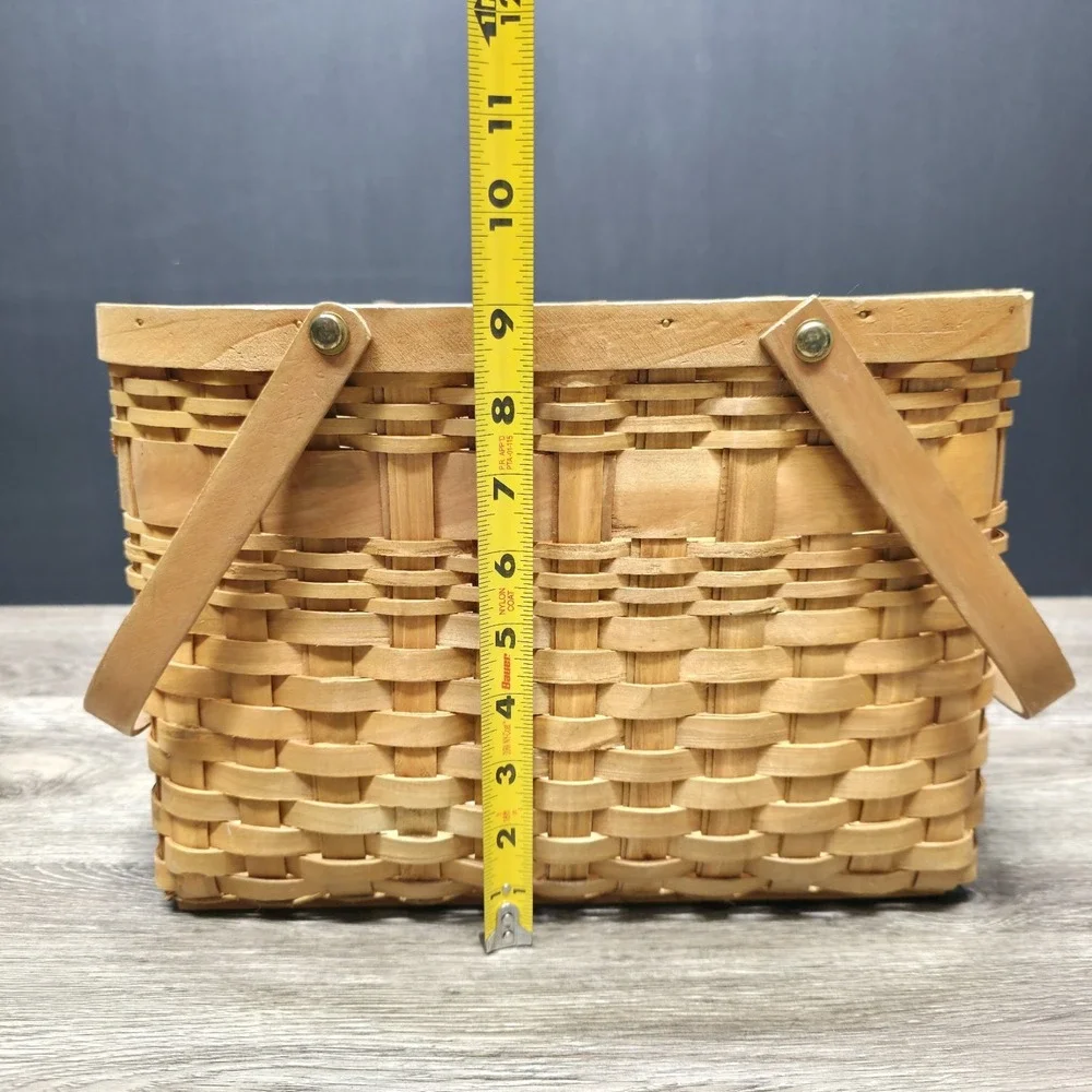 Vintage Double Handled Light Brown Wooden Basket 13x9x6 Rustic Home Decor